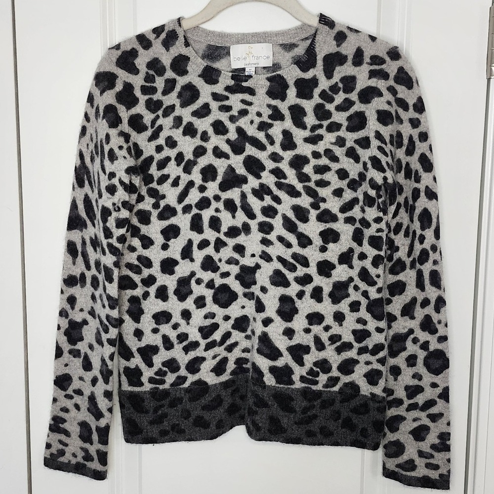 Belle France Cashmere Leopard Print Sweater Womens Medium Gray Black